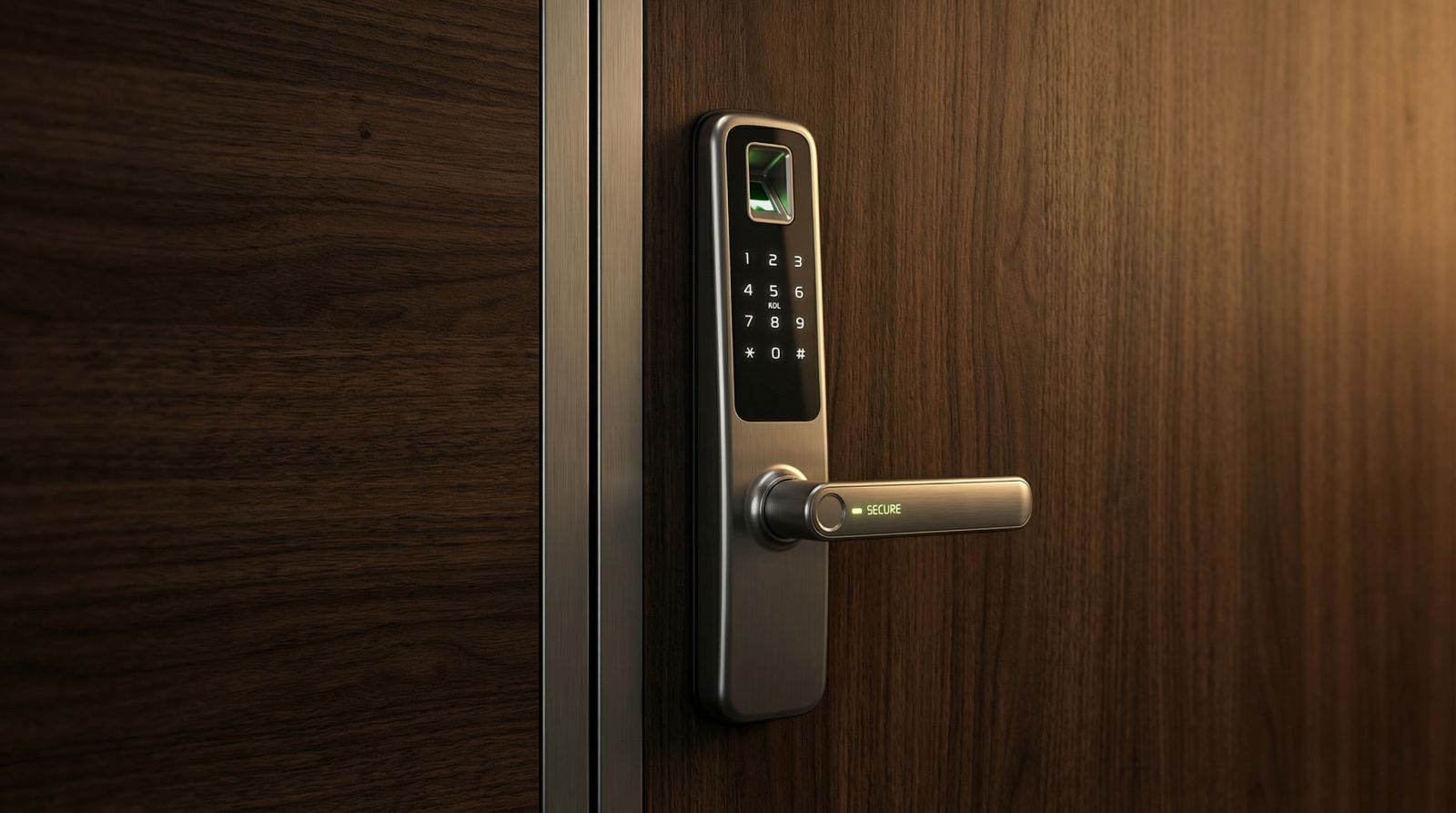 Cửa chống cháy vân gỗ cao cấp với khóa thông minh an toàn.